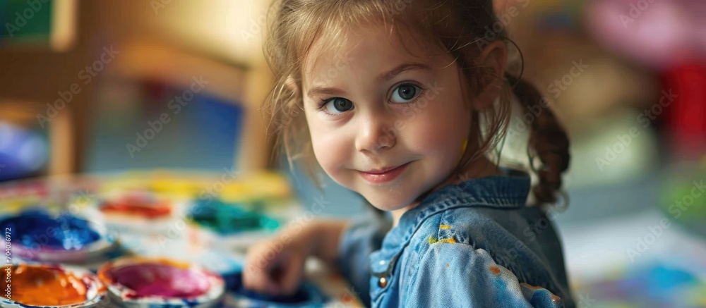 Joyful child using watercolor paints in kindergarten art class and gazing at the camera. Joyful child using watercolor paints in kindergarten art class and gazing at the camera.