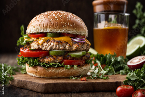 Burger with chicken and vegetables burger with chicken on a yellow background 