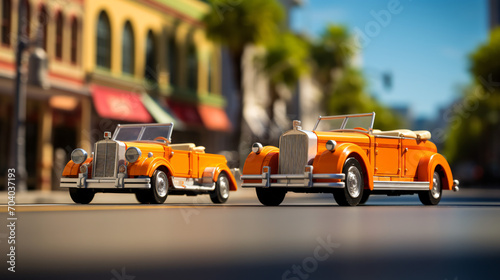 An open-top tour bus and a convertible car cruising down a famous boulevard epitomizing sightseeing.