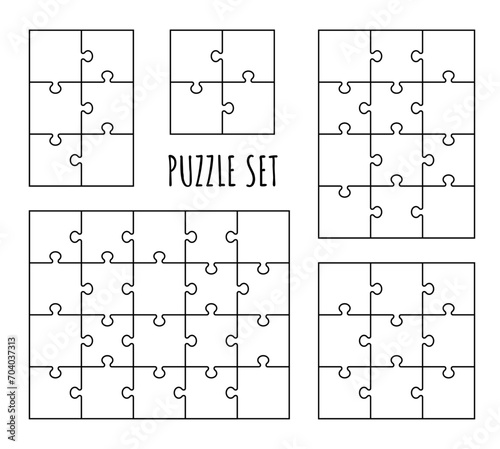 Puzzle grid set. Jigsaw outline templates. Set of thinking games. Vector illustration with jigsaw 4, 6, 9, 12, 20 pieces.