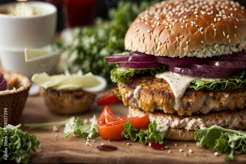 Burger with chicken and vegetables burger with chicken on a yellow background 