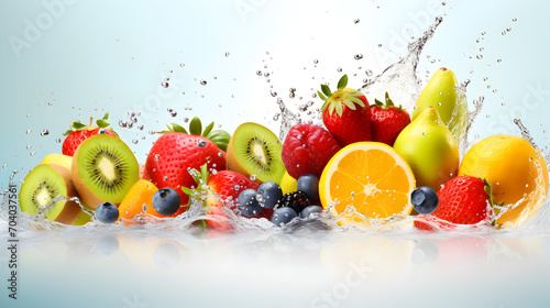 fresh fruits with water splash isolated on light color background with copy space