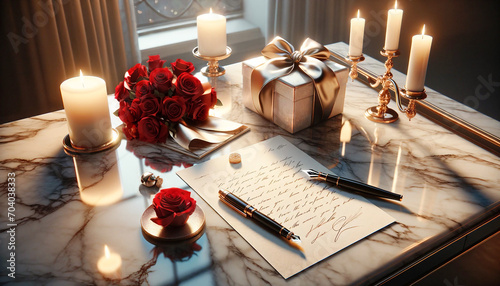 Valentine's Day with a love letter ready to express heartfelt emotions, surrounded by romantic red roses, flickering candles, and an elegant gift, symbolizing enduring affection and intimate moments photo