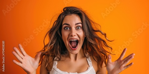 Surprised Young Woman with Hands Up Against Orange Background