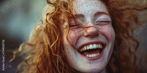 Vibrant Young Woman with Curly Red Hair and Freckles Laughing Against a Blurry Background