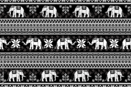 Ethnic Thai Elephant with Floral Pixel Art Seamless Pattern.  Vector design for fabric, carpet, clothing, embroidery, wallpaper, and background