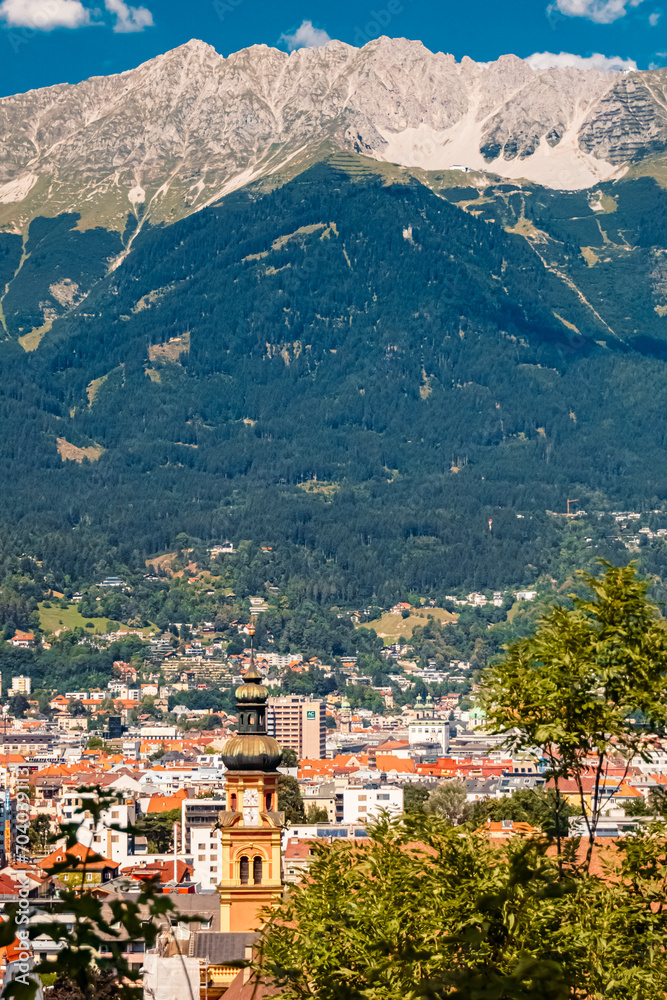 Alpine summer view with the famous Nordkette mountains in the background at Innsbruck, Tyrol, Austria