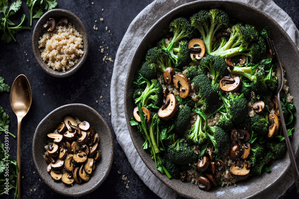 Healthy vegetarian food broccoli, mushrooms, spinach, and quinoa in a bowl. flat lay. top view