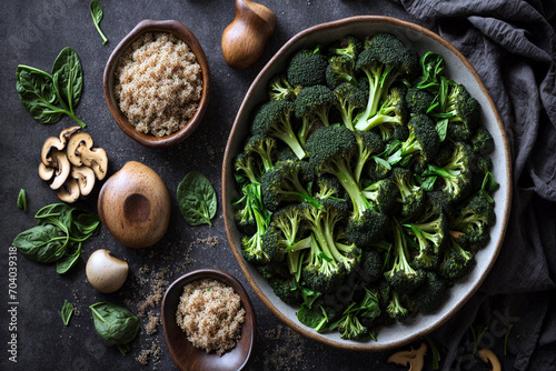 Healthy vegetarian food broccoli, mushrooms, spinach, and quinoa in a bowl. flat lay. top view