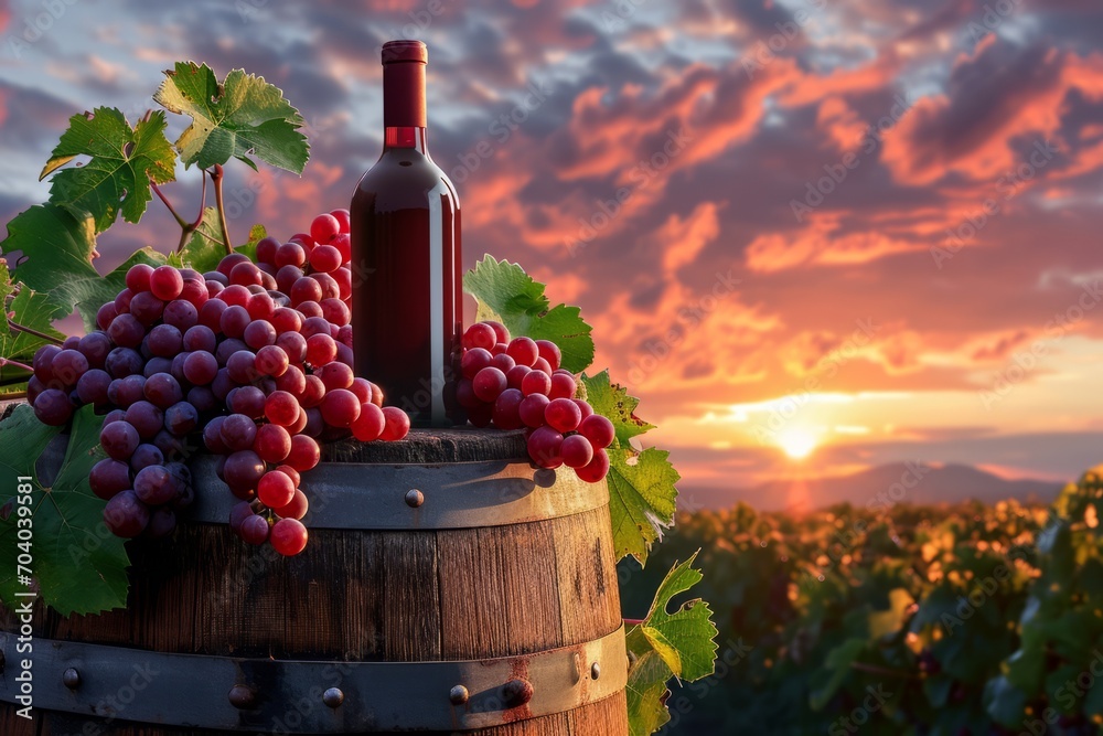 Wine barrel with red grapes and red bottle in front of a sunset