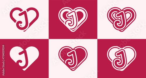 Set of heart logo with initial letter J. This logo combines letters and heart shapes with a red heart color. Suitable for dating apps, couples' anniversaries, valentines, weddings, and other love.