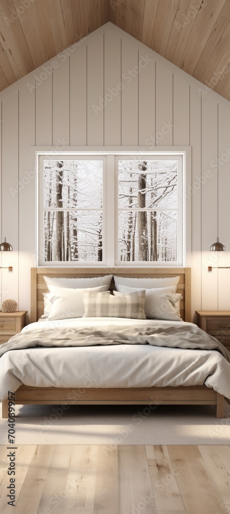 Snowy forest view from a cozy bedroom Snowy forest view from a cozy bedroom