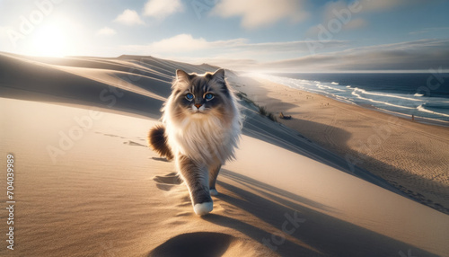 A Ragdoll cat walking on the sand at the beach, with the ocean and sand dunes in the background. photo