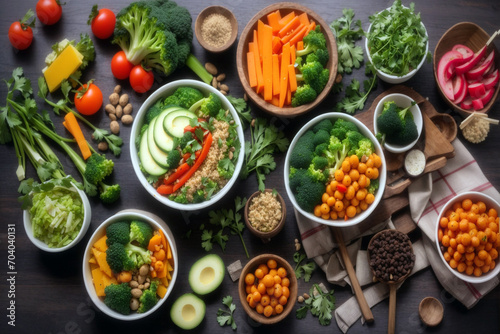 Healthy vegetarian food broccoli, mushrooms, spinach, and quinoa in a bowl. flat lay. top view