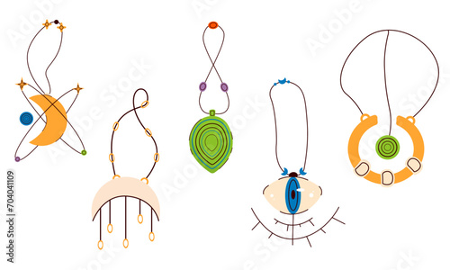 Flat vector illustration of pendants, talismans, magic stones in a simple style.