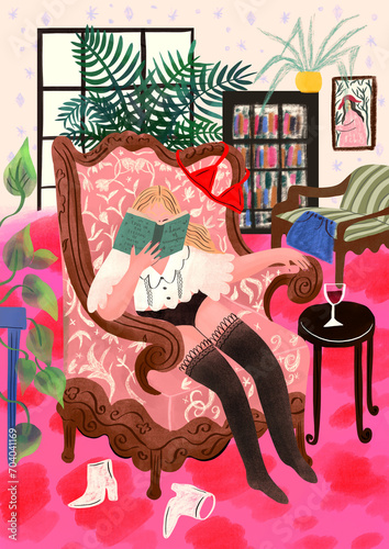 Woman sitting on an antique chair reading a book and drinking wine, hand drawn illustration photo