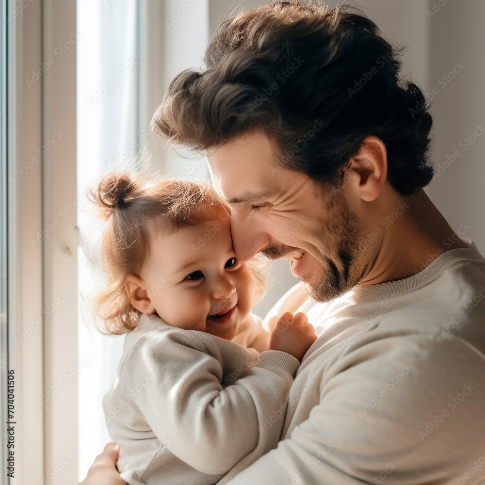 happy father and adorable little daughter looking at each other near window at home. AI. happy father and adorable little daughter looking at each other near window at home. AI.