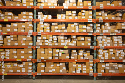warehouse storage racks holding cardboard boxes