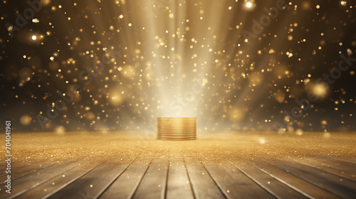 Golden confetti rains on a festive stage with a central light beam, an empty night room mock up for award ceremonies, jubilees, New Year's parties, or product presentations