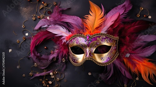 purple, red and gold masquerade mask with red feathers and sparkles against a black background