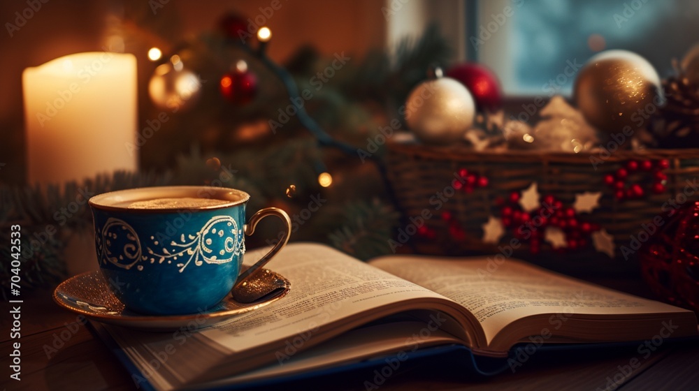 cup of coffee and christmas cookies, Experience the cozy elegance of a holiday-decorated home, where a coffee cup and an open book create a serene setting. The stunning 8k resolution and perfect light