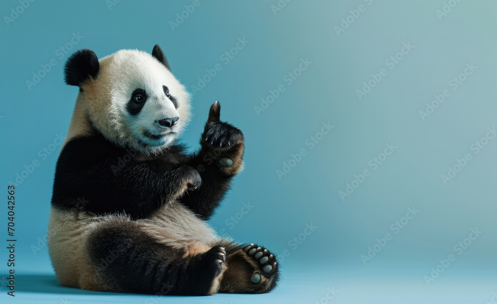 A funny panda sits on a blue background with space for your text A funny panda sits on a blue background with space for your text