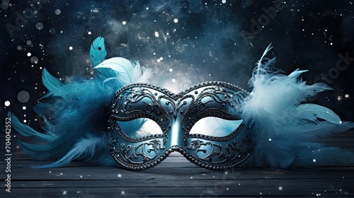 blue masquerade mask with fluffy white feathers and silver glitter