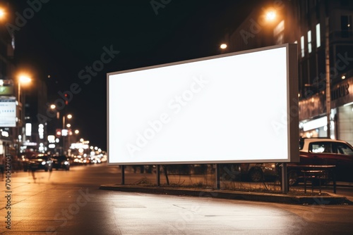 blank billboard mockup stands ready for branding, casting a beacon for potential adverts against the backdrop of the urban evening rhythm