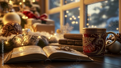 cup of coffee with christmas decorations, Experience the cozy elegance of a holiday-decorated home, where a coffee cup and an open book create a serene setting. The stunning 8k resolution and perfect 