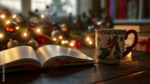 book and candles, Experience the cozy elegance of a holiday-decorated home, where a coffee cup and an open book create a serene setting. The stunning 8k resolution and perfect lighting showcase super 