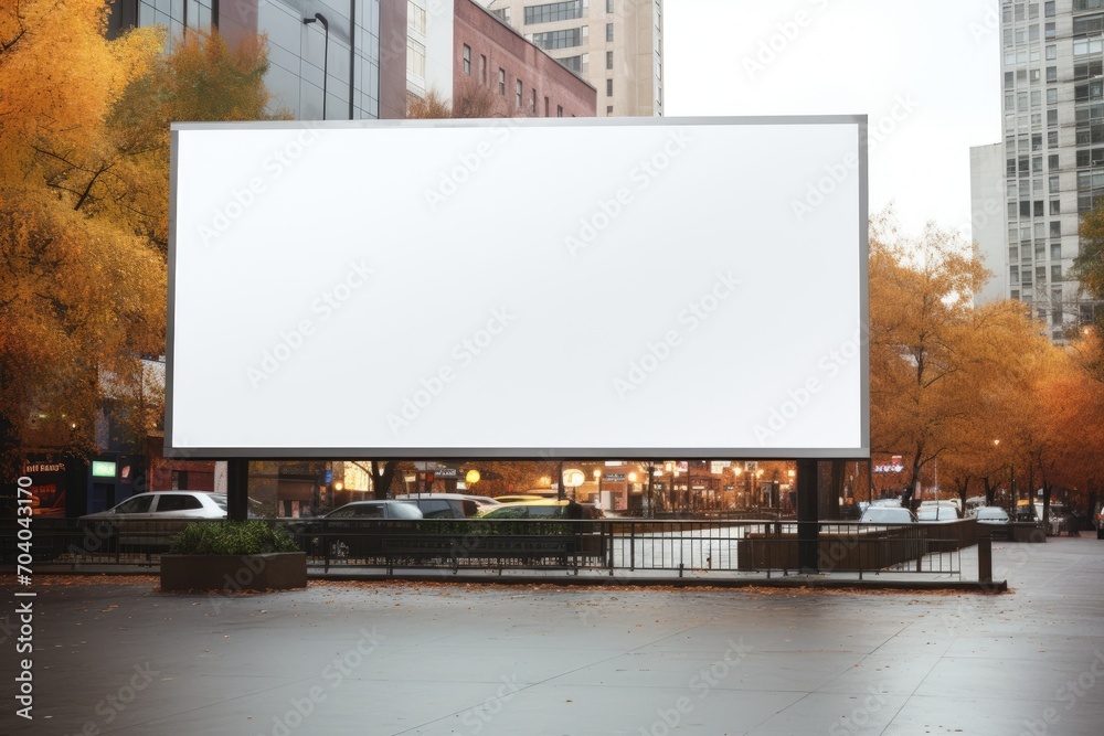white billboard in a city park during the autumn season, surrounded by trees with leaves in hues of orange and yellow
