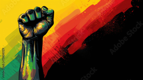 Black History Month background. Black power hand fist over red yellow green black colors background photo