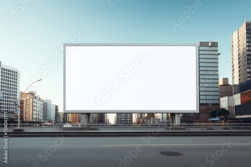 blank billboard prominently placed above a highway in an urban setting, with a backdrop of modern city architecture and a clear sky