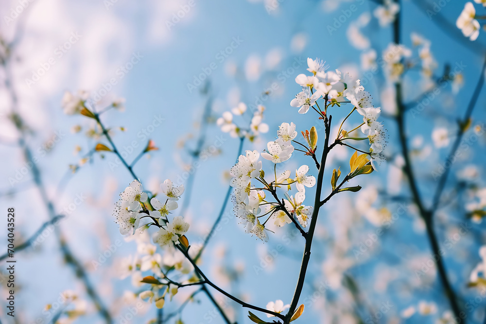 a branch with white flower against a blue sky