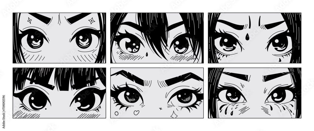 Obraz premium Asian eyes look manga style. Comic anime characters, hand drawn korean japanese cartoon faces with different emotions. Vector cartoon set