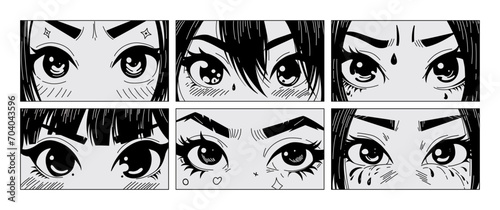 Asian eyes look manga style. Comic anime characters, hand drawn korean japanese cartoon faces with different emotions. Vector cartoon set photo