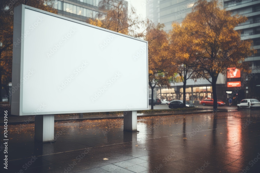 blank billboard mockup stands prominently in a rain soaked urban setting, with the glistening pavement reflecting the ambient light and autumn trees blank billboard mockup stands prominently in a rain soaked urban setting, with the glistening pavement reflecting the ambient light and autumn trees