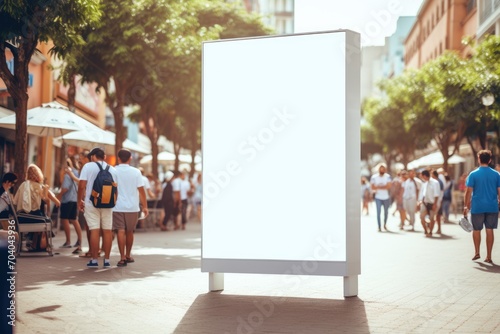 Amidst the hustle of a sunlit boulevard, a blank billboard surrounded by a diverse crowd, offering endless possibilities for a future advertisement