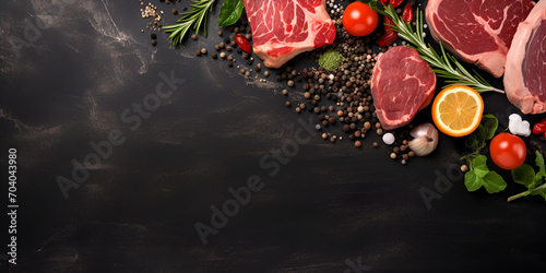 Gastronomic Elegance: Moody Aesthetics and Culinary Artistry Merge in a Captivating Flat Lay of Fresh Meat on a Dark, Tempting Table generative AI