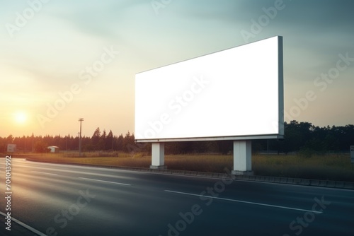 large blank billboard alongside a highway at dusk. It stands tall, offering a space for advertising, with a subtly lit sky and roadside greenery background