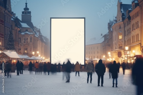 Bustling market square in winter twilight with people in motion around a prominent blank billboard, soft light of street lamps and festive decorations photo