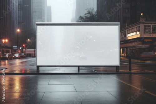 In the subdued light of a foggy urban dawn, white billboard stands as a silent sentinel, its blank face offering a canvas amidst the city's waking moments photo