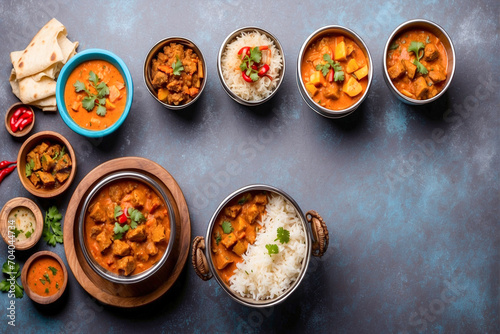 Top view indian food bowls  with copy-space