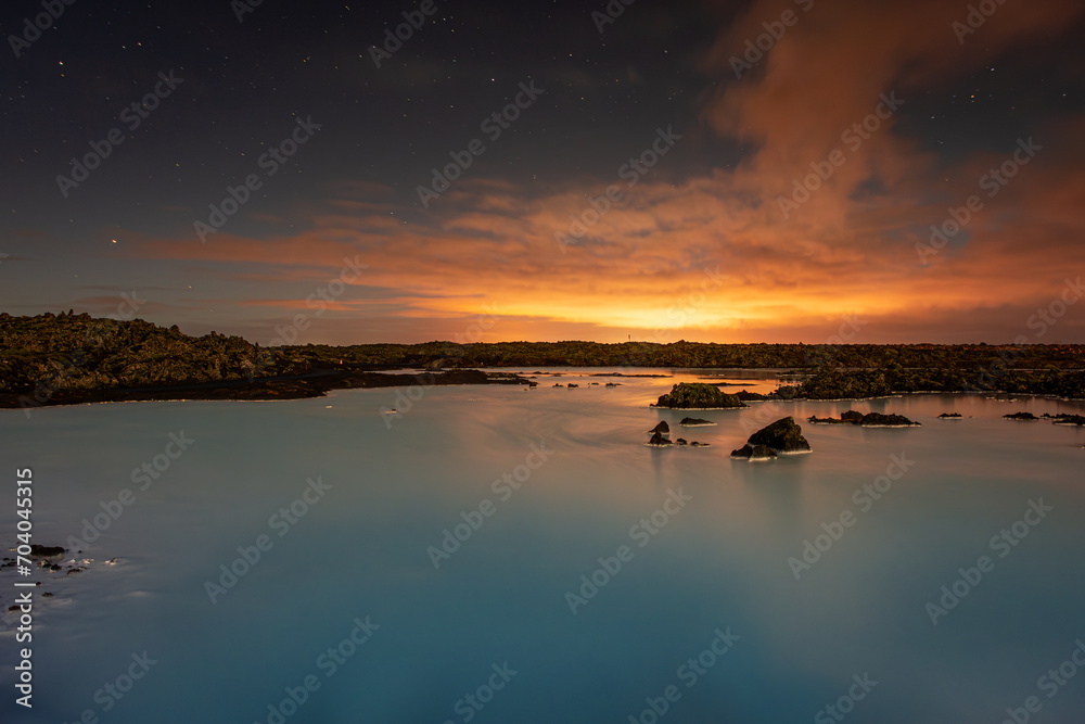 Starry sky and volcanic steam over the Blue Lagoon, Reykjavik,  Iceland