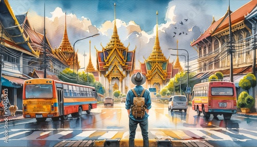 A traveler beholds a grand temple, the city's cultural majesty on display. photo