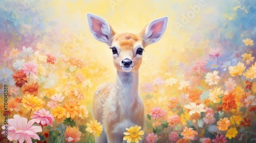 Cute Baby Deer in Spring Flowers