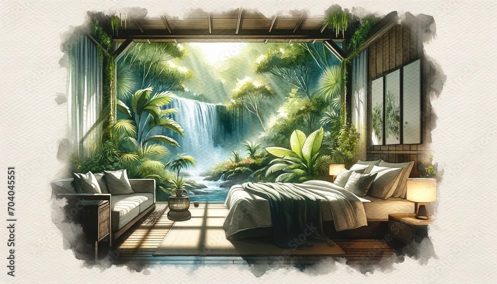 A tranquil bedroom with a lush waterfall view. A tranquil bedroom with a lush waterfall view.