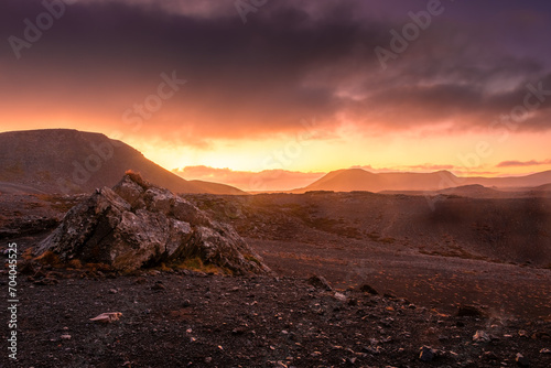 Spectacular sunset over the Fagradalsfjall, active volcano in Iceland