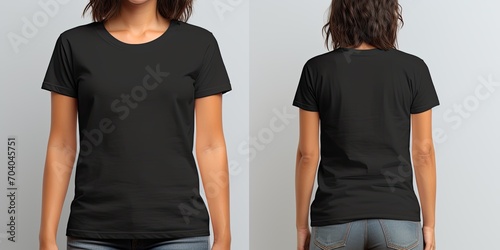 An apparel collage featuring a woman wearing a black T-shirt, showcasing front and back views. photo