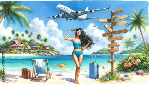 Woman in blue swimsuit on beach, airplane overhead.